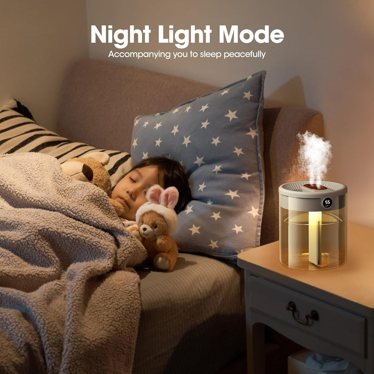 Ultrasonic Humidifier 2L – Dual Spray, Ultra-Quiet, Digital Display & Night Light