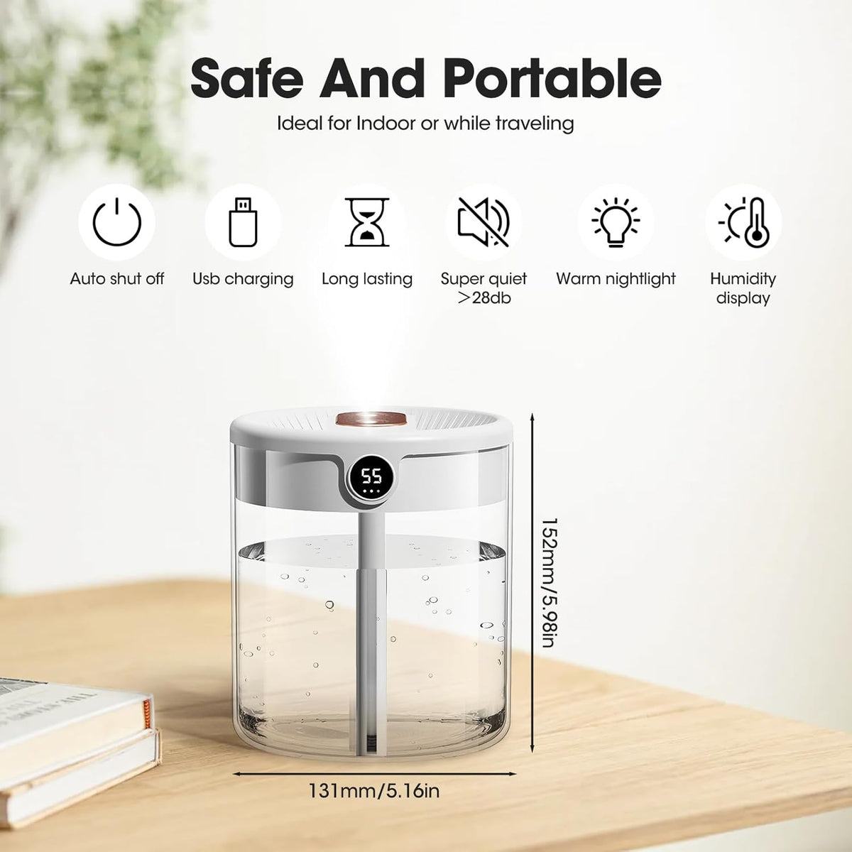 Ultrasonic Humidifier 2L – Dual Spray, Ultra-Quiet, Digital Display & Night Light