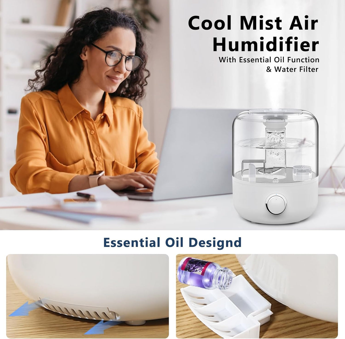 Ultrasonic Humidifier 4L with Dual Mist Outlets, Top-Fill Design & Aromatherapy Function