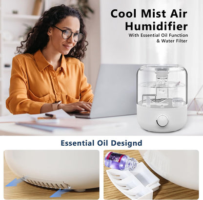 Ultrasonic Humidifier 4L with Dual Mist Outlets, Top-Fill Design & Aromatherapy Function